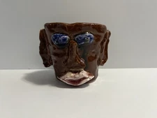 Mini Primative Folk Art Brown Pottery Face Vase Planter Coiled Pot Signed Glazed