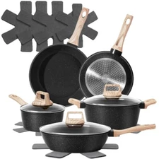 Black 12 Piece Pots and Frying Pans Set Nonstick, Premium Die-Cast Aluminium