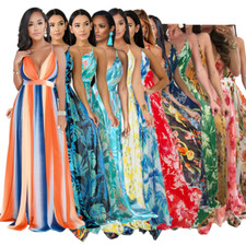 Summer Women's Fashion Floral Deep V Neck Backless Chiffon Suspender Long Dress