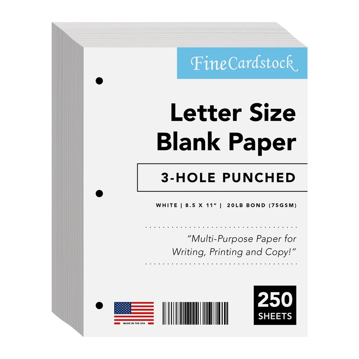 3 Hole Punched - White Regular Copy Paper - 8.5 x 11 - 250 Sheets per Pack