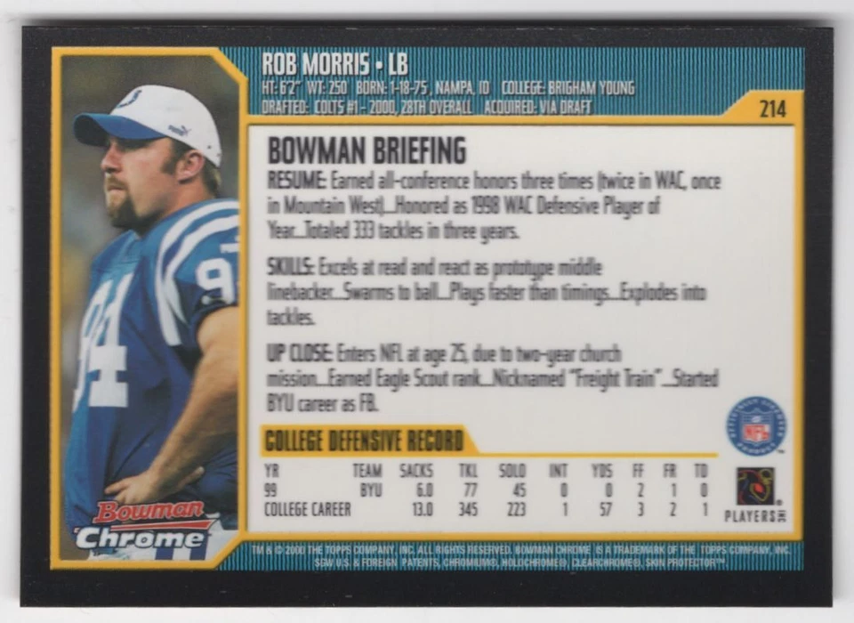 2000 BOWMAN CHROME ROOKIE Rob Morris Rookie Indianapolis Colts #214 - Image 2 of 2