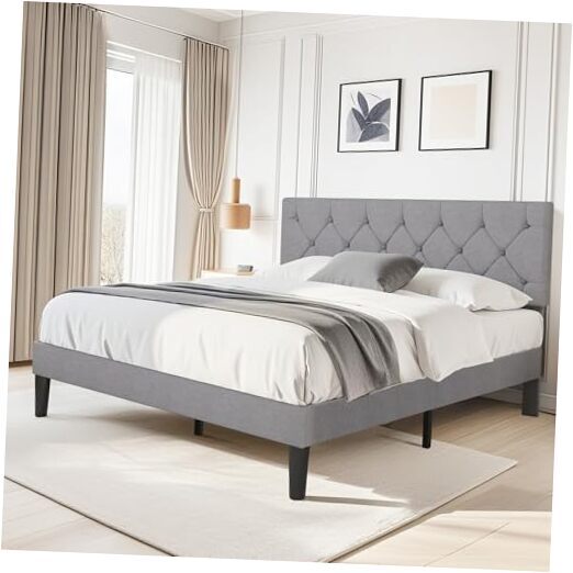 Queen Bed Frame with Button Tufted Headboard, Upholstered Platform Bedframe