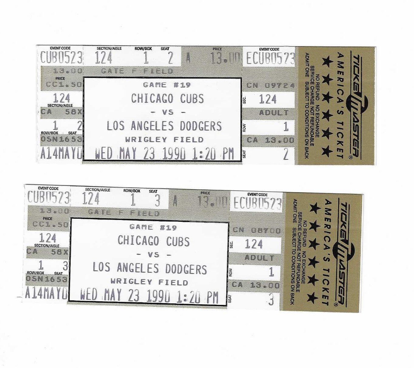 Chicago Cubs vs Los Angeles Dodgers Unused Baseball Tickets from 5/23/1990