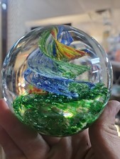 Vintage Paperweight Sphere Ribbon Controlled Bubble Green Hand Blown Art Glass
