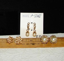 Faux Pearl & Gold Tone Pierced Stud & Dangle EARRINGS x 3 Pair: White Stag G39b