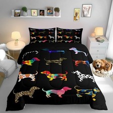 Dachshund Twin Size Comforter Set,Cute Sausage Dogs Quilt Set Soft Bed Collec...
