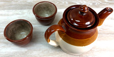 Vintage Tri-Color Brown Band Pottery TEA POT with 2 TEA CUPS 3 pieces total