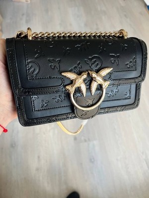 PINKO Classic Love Click Shoulder Bag Leather Women Black with Dust Bag Gold 