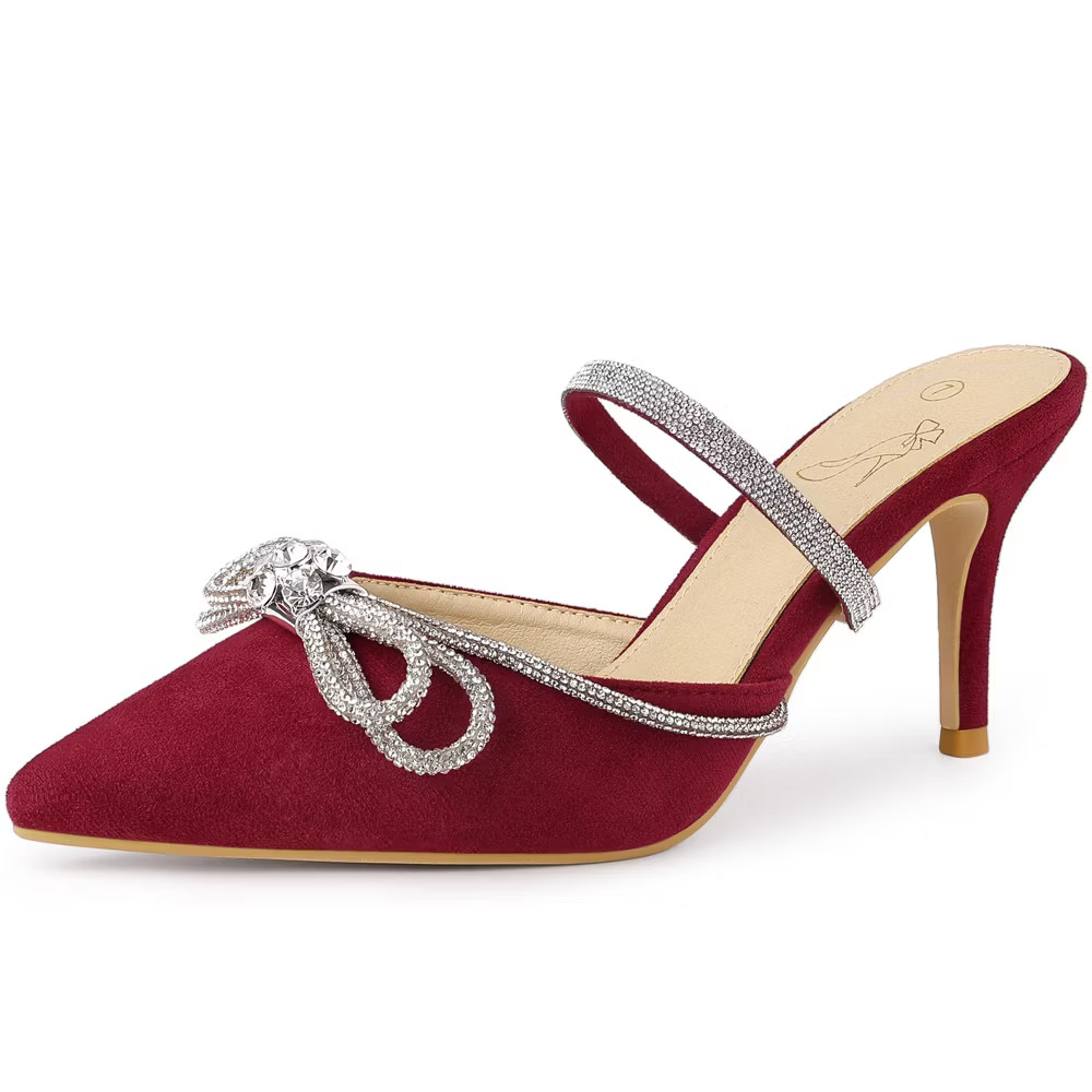 Perphy Womens Pointed Toe Solid Color Slip on Rhinestones Bow Stiletto Heel