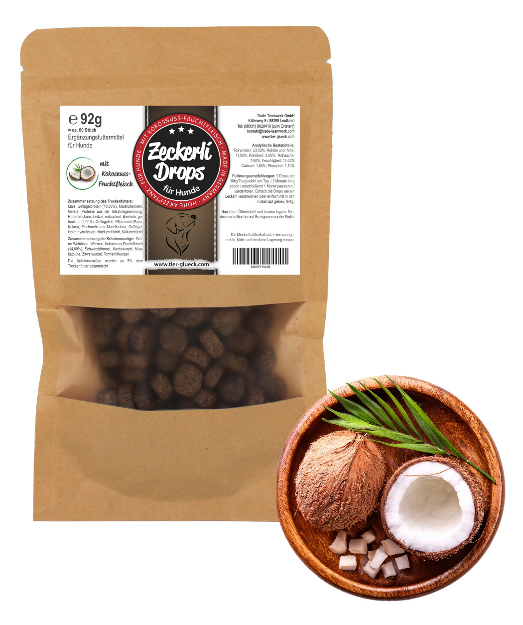 Zeckerli ® Drops – Natürliche Leckerli für Hunde mit Walnuss und Kokosnuss, 92g