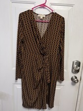 Michael Kors Women’s L Black Gold Chain Print Faux Wrap Dress Long Sleeve