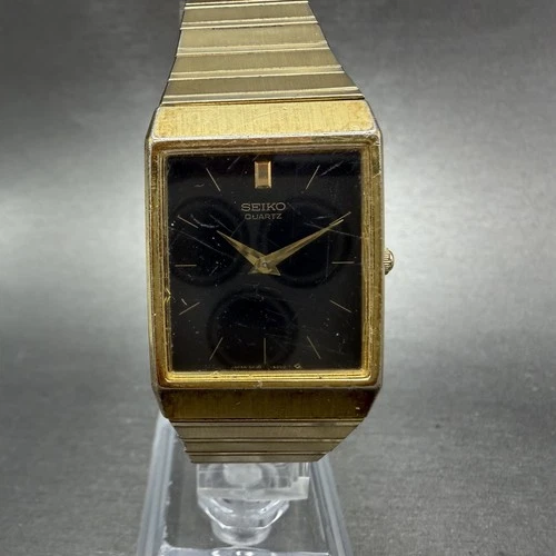 Seiko Tank Watch Men 24mm Black Dial Gold Tone Rectangle 5p30-5d00 New Battery X