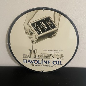 VINTAGE HAVOLINE POURING GASOLINE OIL PORCELAIN SIGN