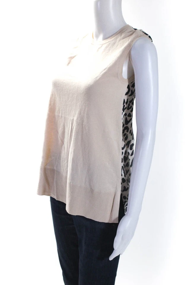 Derek Lam 1OC Womens Cotton Leopard Print Silk Combo Tank Top Beige Size P - Image 2 of 4