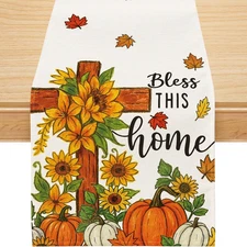 Fall Table Runner, Cross Pumpkins Runner for Table Bless This Home Seasonal 