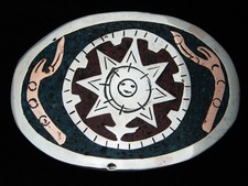 QB01169 VINTAGE 1970s  MAYAN CALENDER  SOUTHWESTERN DESIGN ART BELT BUCKLE
