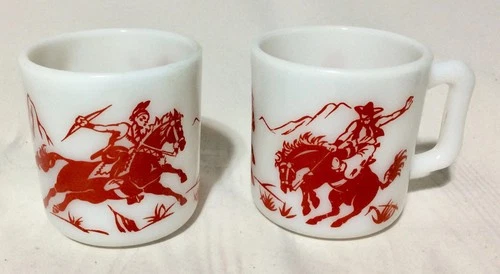 ☕ Vintage 1950s Hazel Glass COWBOY & INDIAN Milk Glass 8 oz Cups Mugs, Set of 2☕
