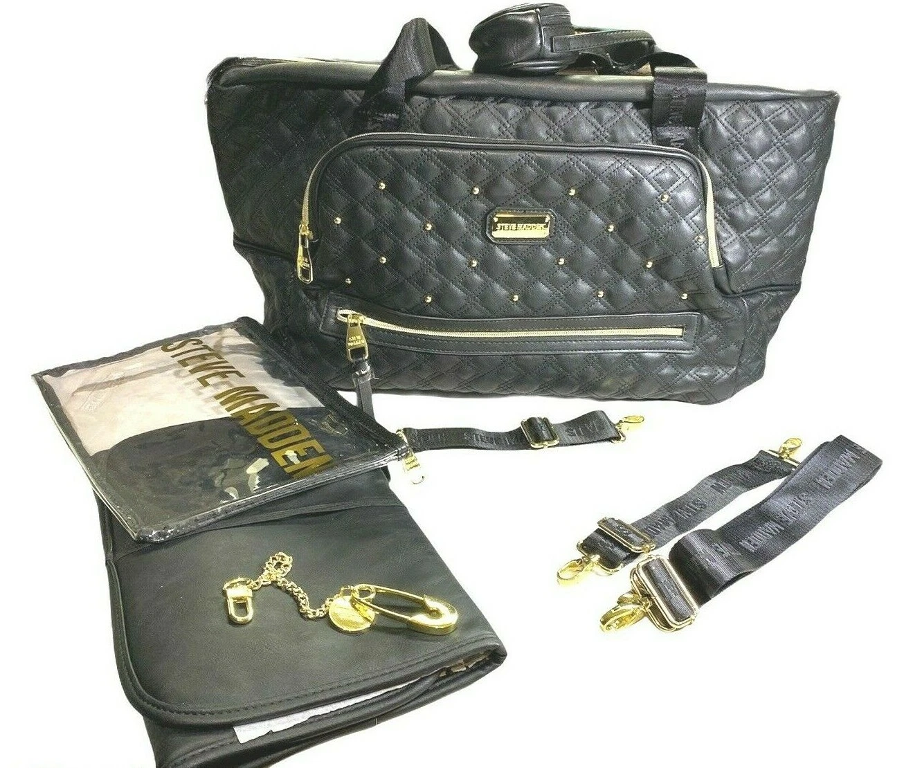 Steve Madden | Large Black Quilted Leather Diaper Bag w/ Changing Pad | NWOT