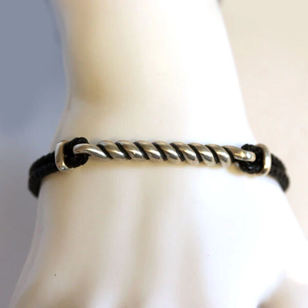 DAVID YURMAN Mens New Silver Black Leather Bucktwist Cable ID