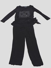 Vtg CAROLE LITTLE Dresses 2 pc BLACK slinky KNIT Colorblock Tie belt Top Pants 4