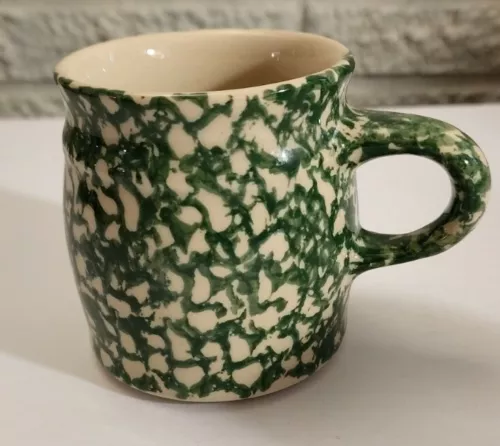 Workshop of Gerald E. Henn- Friendship Green Spongeware Pottery Mug Signed JR