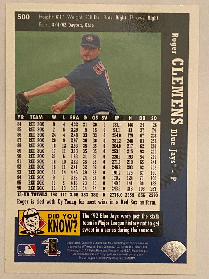 1997 Upper Deck CC Roger Clemens Toronto Blue Jays #500 - Image 2 of 2