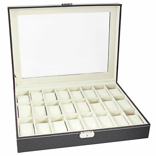 24 Grid Slots Watch Box Winder Jewelry Watches Case Holder Display Storage Box - Picture 3 of 11