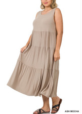 Zenana 2X Buttery Soft Stretch Jersey Sleeveless Tered Midi Dress Mocha
