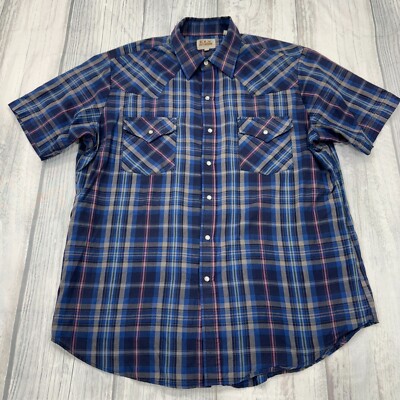 Ely Cattleman Western Pearl Snap Shirt L Plaid Blue Short Sleeve Mens