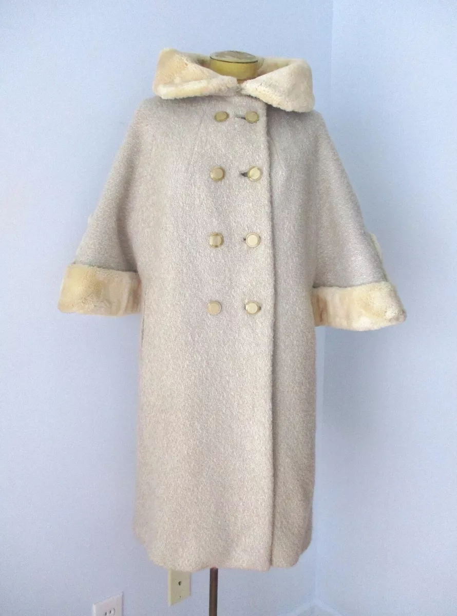 Vtg 50s Rockabilly VLV Freiss gray boucle swing coat cream sheared fur cuffs M L