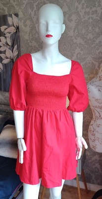 BOOHOO Red Cotton Shirred Skater Dress With Short Puff Sleeves [8] | eBay UK