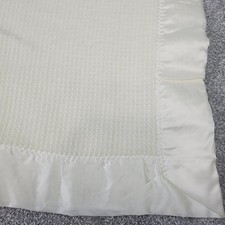 Vintage Satin Trim Waffle Weave Blanket Ivory Pale Yellow Small 62"x38"