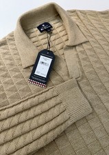 NWT 109 BEN SHERMAN Sweater Polo Mens L Johnny Rye Lane Cable Knit Ribbed Beige