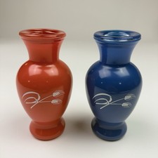 Vtg Mid Century Modern Rubber Coated Glass Vases Wheat Design Red Blue