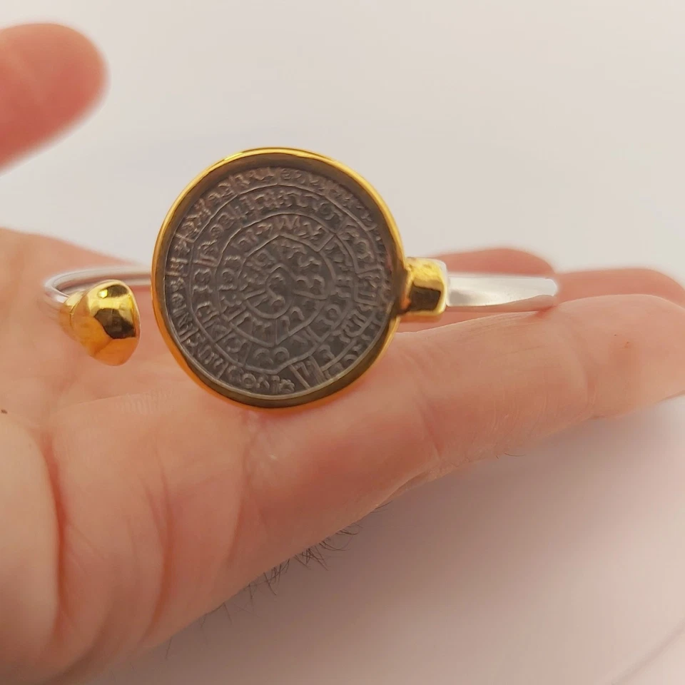 Bracciale disco Festo, argento sterling, placcato oro, design storico, minoico - Immagine 3 di 4