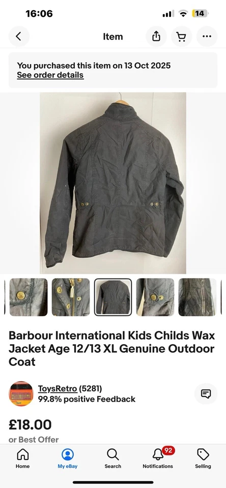 Barbour International Kids Childs Wax Jacket Age 12/13 XL Genuine Outdoor Coat - Image 3 of 4