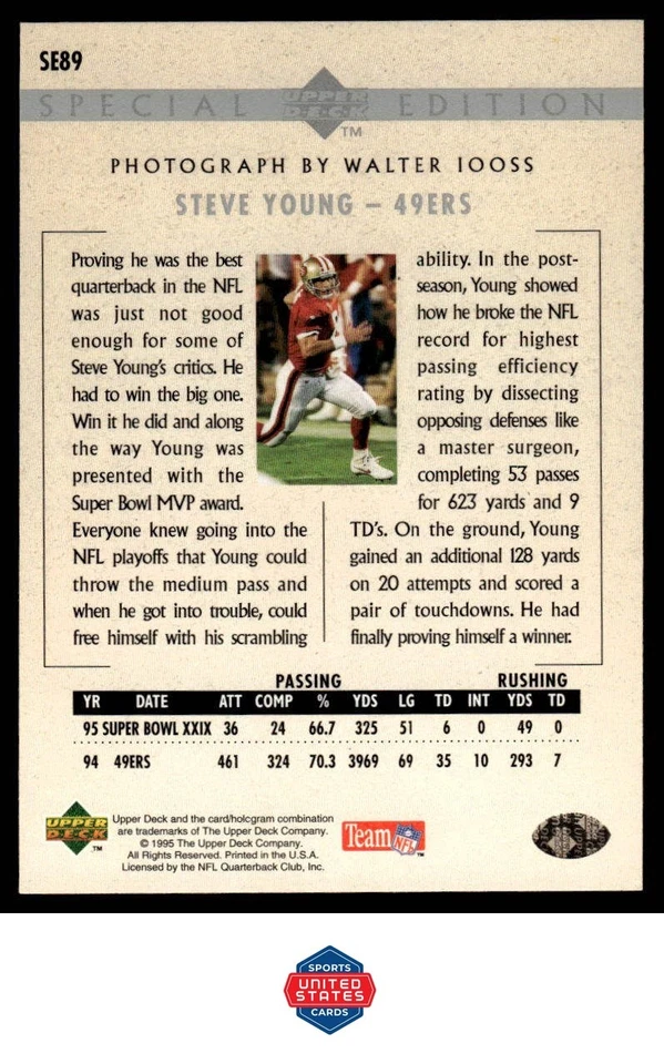 1995 Upper Deck #SE89 Steve Young Special Edition Sports Card - Image 2 of 2