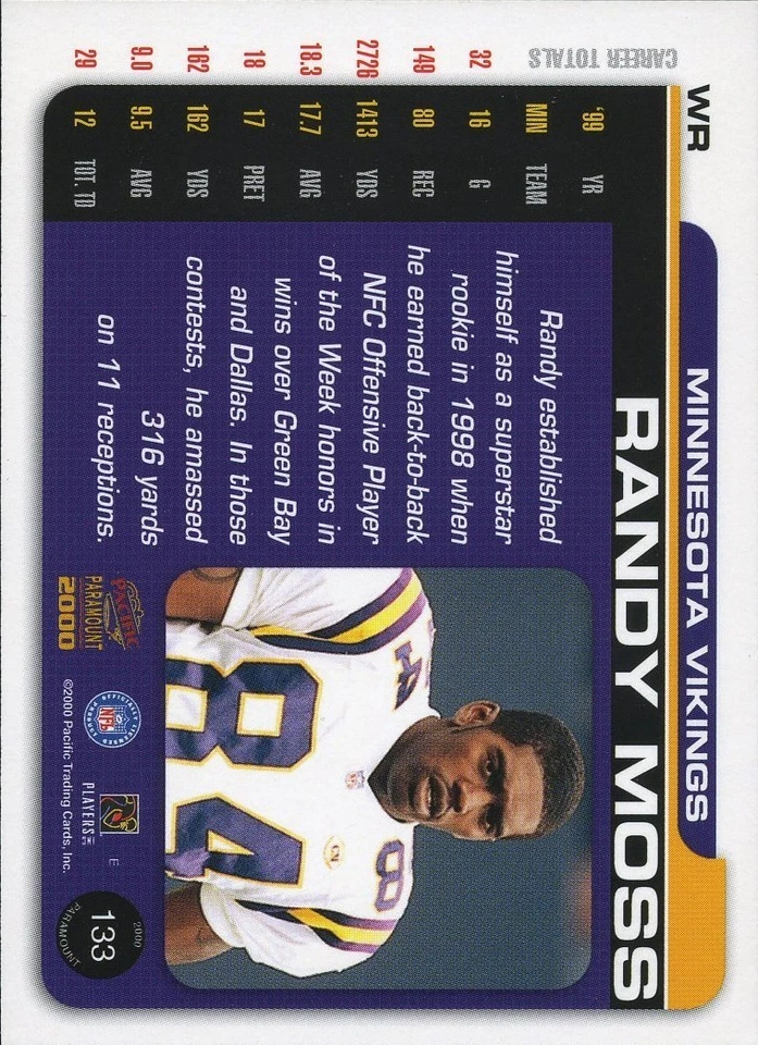 Randy Moss 2000 Pacific Paramount HOLOSILVER /85 Minnesota Vikings - Image 2 of 2