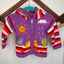 Peruvian Alpaca Embroidered Animal Stripe Hooded Cardigan 18m