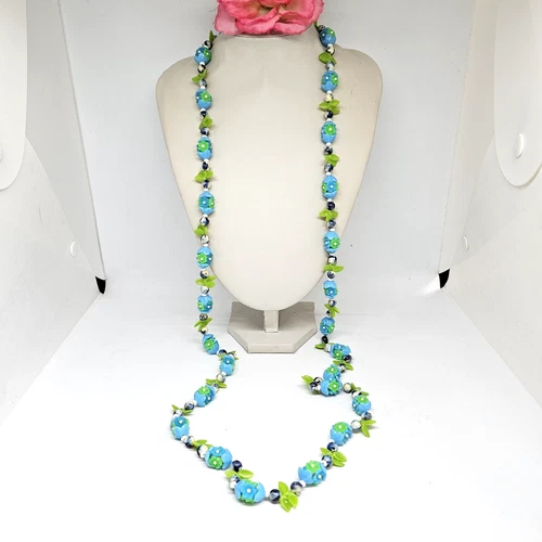 Vintage Blue Green Flower Bead Necklace 60s/70s 50" Long Retro Costume Jewelry