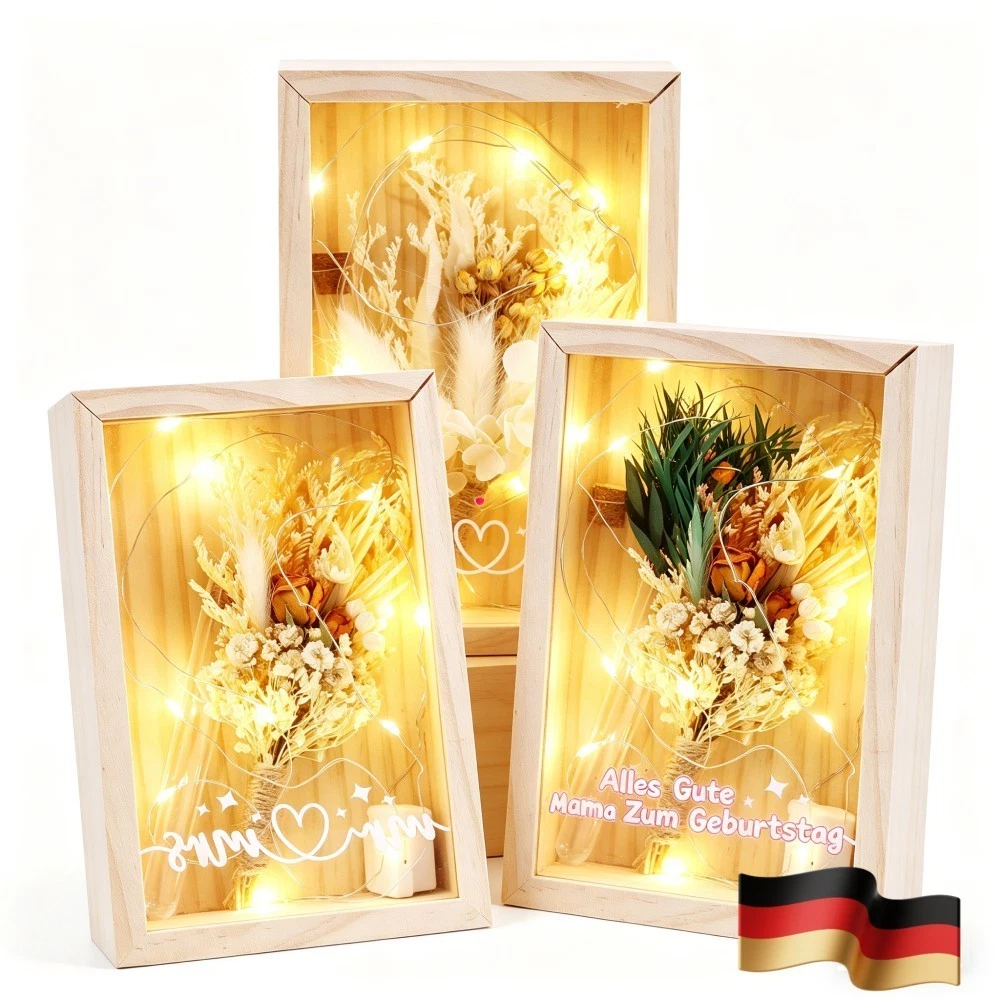 Hochzeit Muttertag Geburtstagsgeschenk Trockenblumenstrauß Massivholzbox mit LED