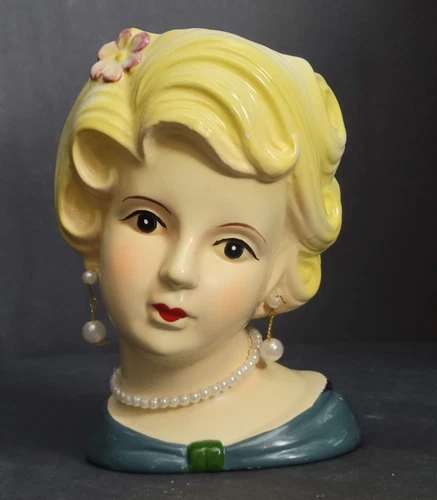 Vintage Lady Head Vase MidCentury Ceramic Planter with Pearl Earrings & Necklace