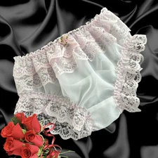 Sissy Sheer White Nylon Soft Satin Rose Frilly Lace Panties Knickers Size 10-20