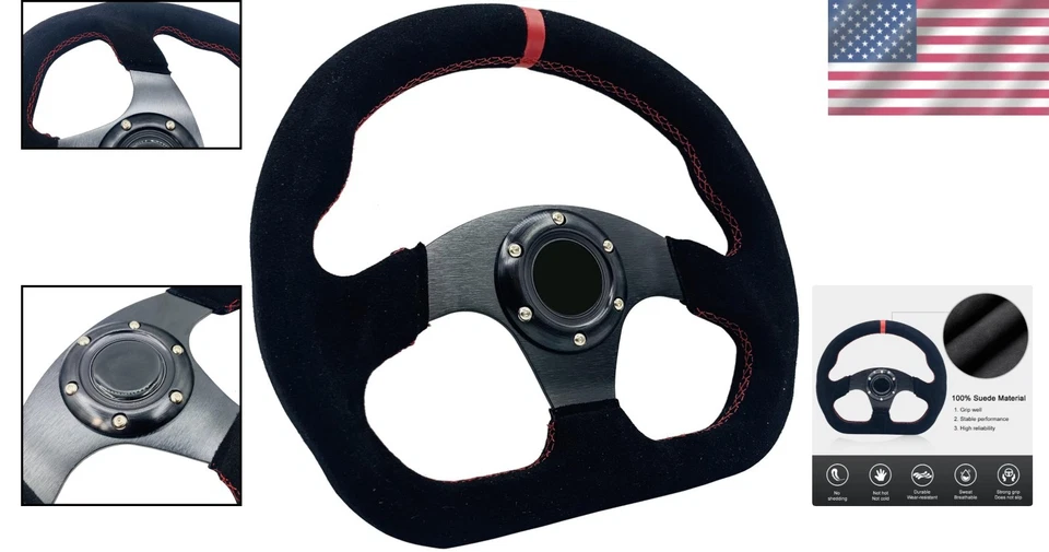 13" Red Stripe D-Shaped Suede Leather Racing Steering Wheel with Flat Bottom - Image 2 of 4