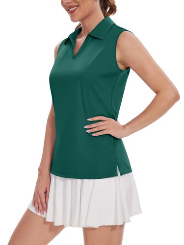 UPF 50+ Camicia donna golf sole scollo a V polo smanicata canotta allenamento asciugatura rapida top - Foto 13 di 72