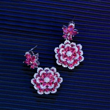 Silver Plated Flower Dangle Long Drop Earrings Women Cubic Zircon Bridal Jewelry
