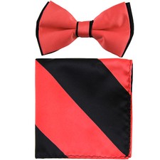 New formal Men's polyester pre-tied bow tie hankie black coral stripes prom