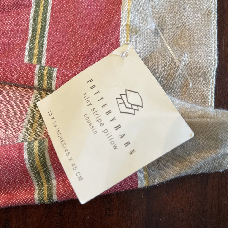 Pottery Pillow Cover Barn Riley Stripe 18x18 Red Tan 100% Linen Farmhouse Throw - Image 4 of 4