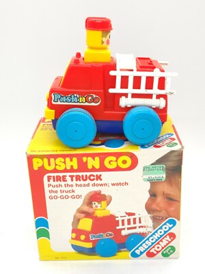 Vintage 1985 Tomy Push 'N Go Fire Truck Toy Car with Original Box
