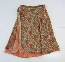 Vintage India 100 Silk Brown Pink Floral Paisley Long Reversible Wrap Skirt OS
